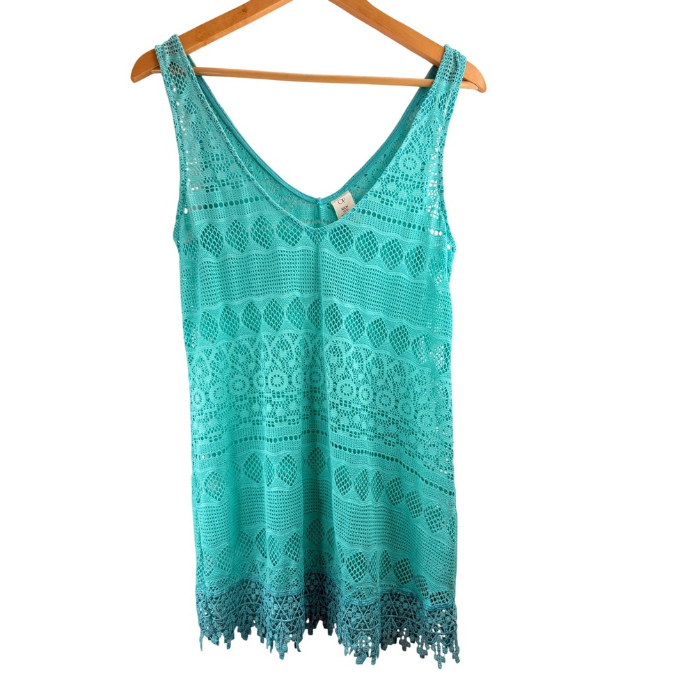 OP Women's Aqua Crochet Boho Beachy Swim Cover Up Dress Sz S Festival Coastal